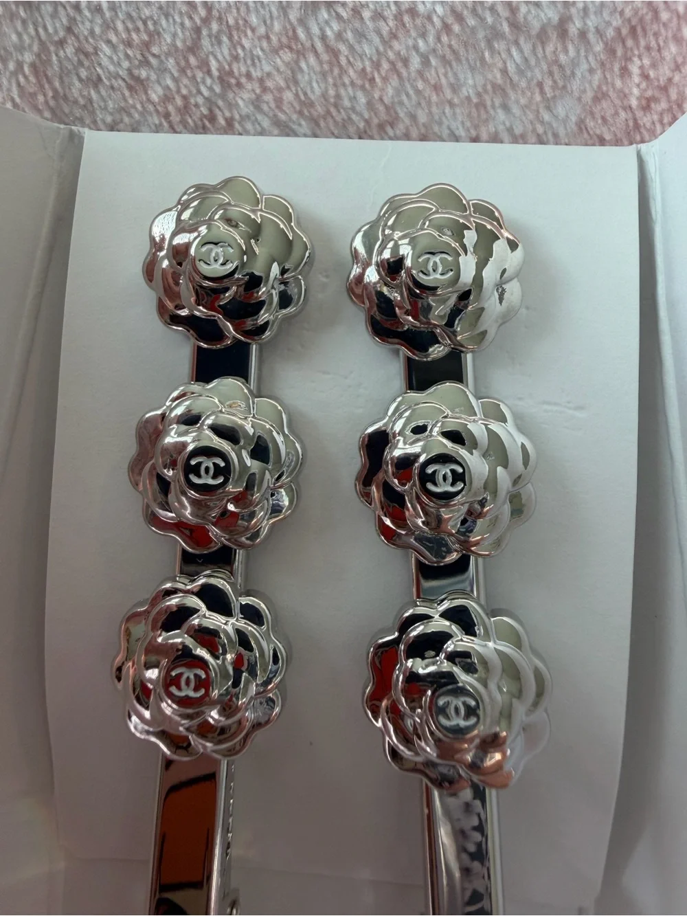 CHANEL Silver Camellia Clip Pair — Shiny Floral Brooch Clips NWT